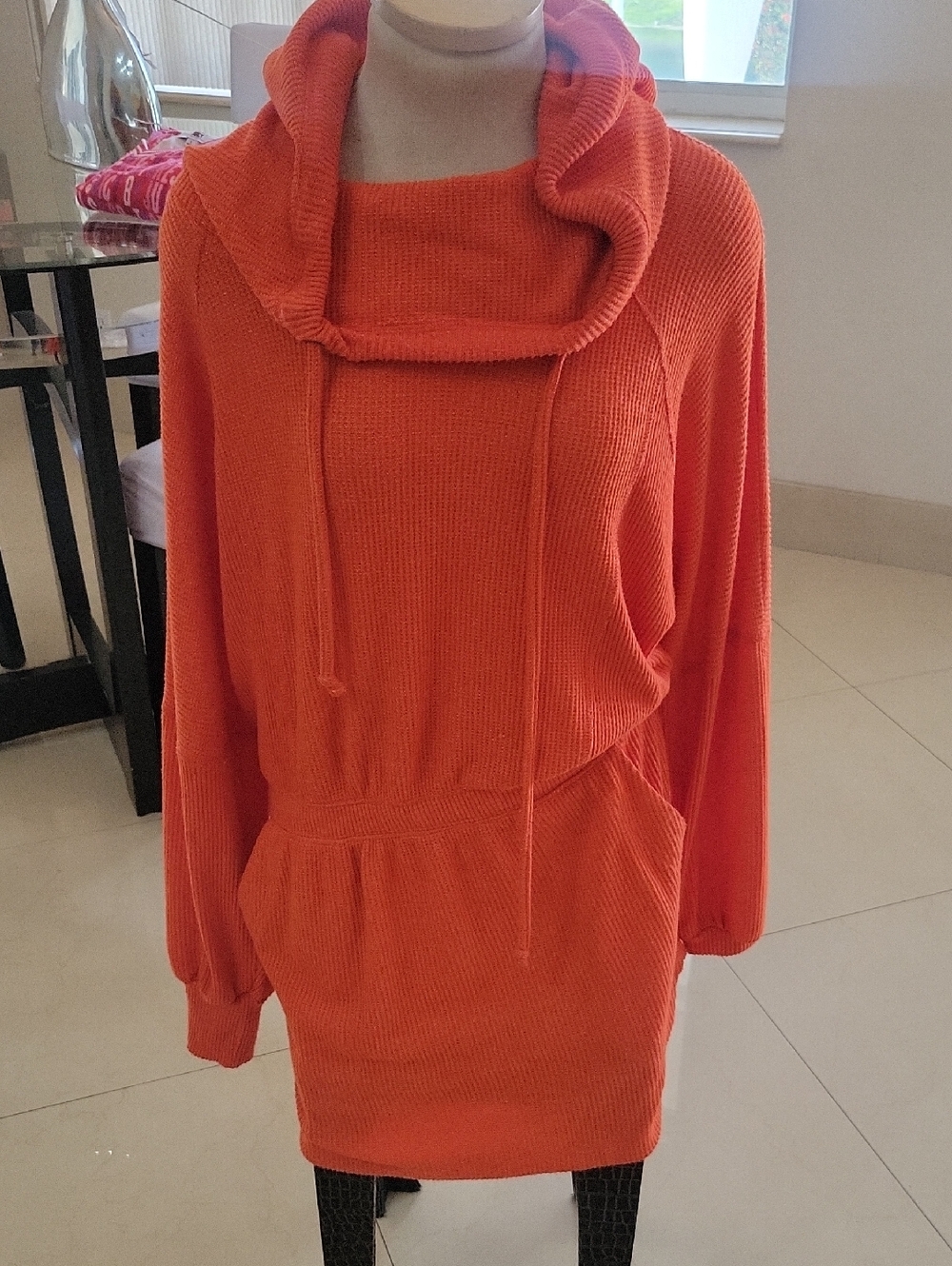 Women's Orange Hooded Knit Sweater Dress